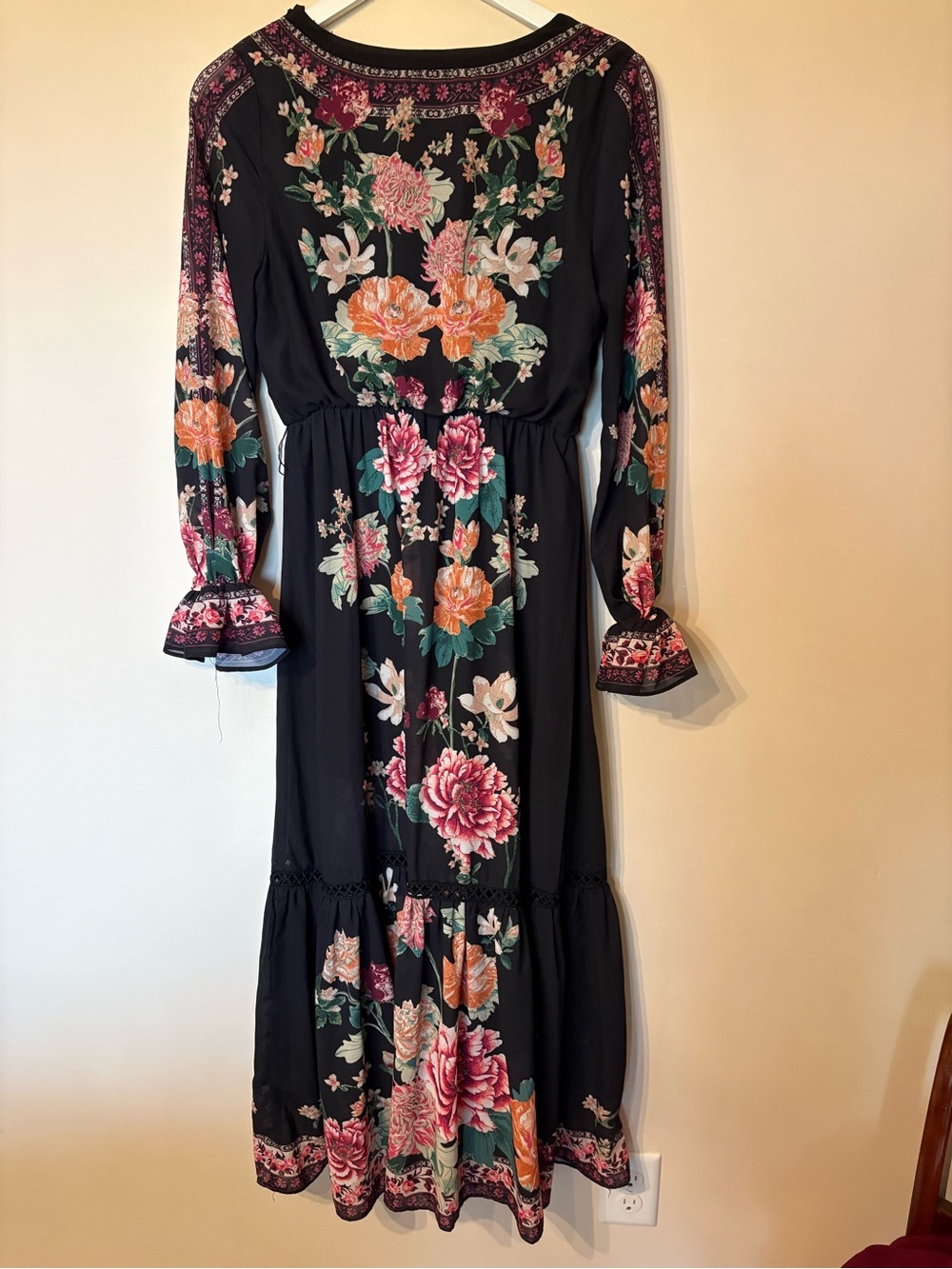 Altar'd State Black Floral V-Neck Tiered Maxi with Pink and Orange Blooms - Picture 7 of 7